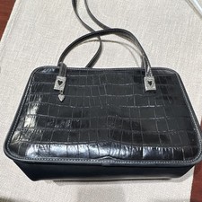 Brighton Black Croc Embossed Satchel Zip Double Handles Silver Heart Charm