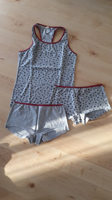Esprit Mädchen Garnitur Unterhemd Slip 170 / 176 grau rot Sterne Neu
