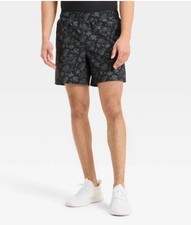 Men  s All In Motion Black Tropical Print 6in Unlined Hybrid Swim Trunks L NWT