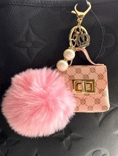New Pink Faux Leather Mini Bag Purse Charm Keychain w/ Crown Charm  Pom Pom
