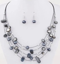 Black glass  Sea shell Necklace and Earrings Set Fashion Jewelry Silver Accents