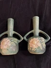 2 Roseville Pottery 173-7 Peony Bud Vases Green