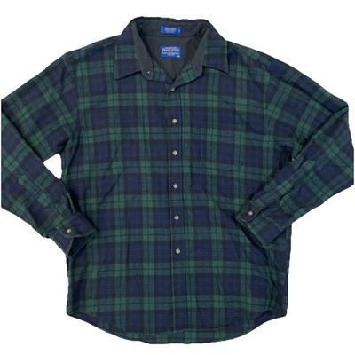 VTG Pendleton SoLo Mens XL Green & Blue Plaid Wool Long Sleeve Button Up USA