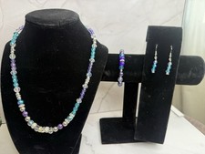 blue, purple, silver beaded jewelry set handmade necklace, bracelet and earrings