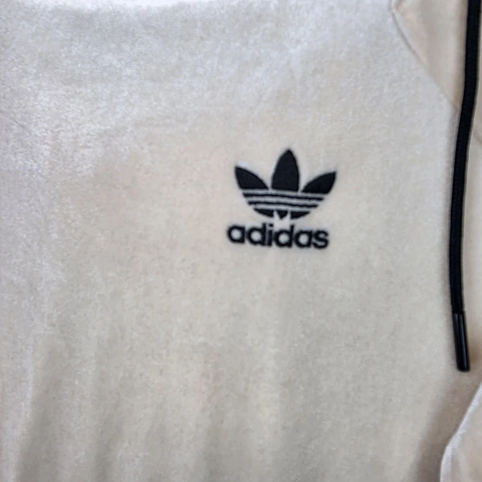 Adidas Sudadera con Capucha Mujer XS Beige Terciopelo Pullover Trifolio Dobladillo Ajustable Bolsillos Foto 2 de 4