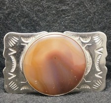 XE21119 VINTAGE 1970s BROWN STONE NATURE FASHION UNISEX NICKEL BELT BUCKLE