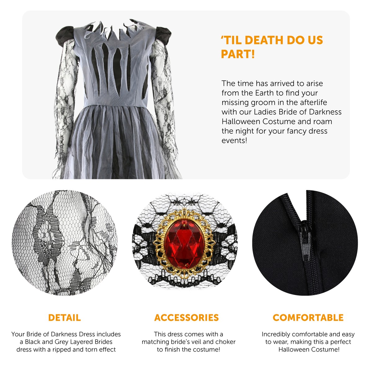 LADIES CORPSE BRIDE DRESS BLACK ZOMBIE HALLOWEEN FANCY DRESS DEAD