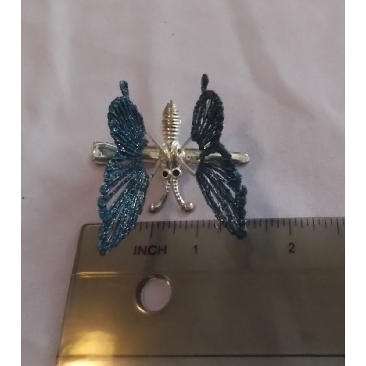 Blue & Clear Rhinestone Butterfly Barrette Silver Toned Metal Hair Clip Vintage Vintage Hair Clip Butterfly Blue Rhinestone Barrette PAIR  main image 2