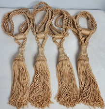 Vintage Gold Tone Twisted Tassels Cord Drapery Pull Backs Fringes 4pc. 27" L
