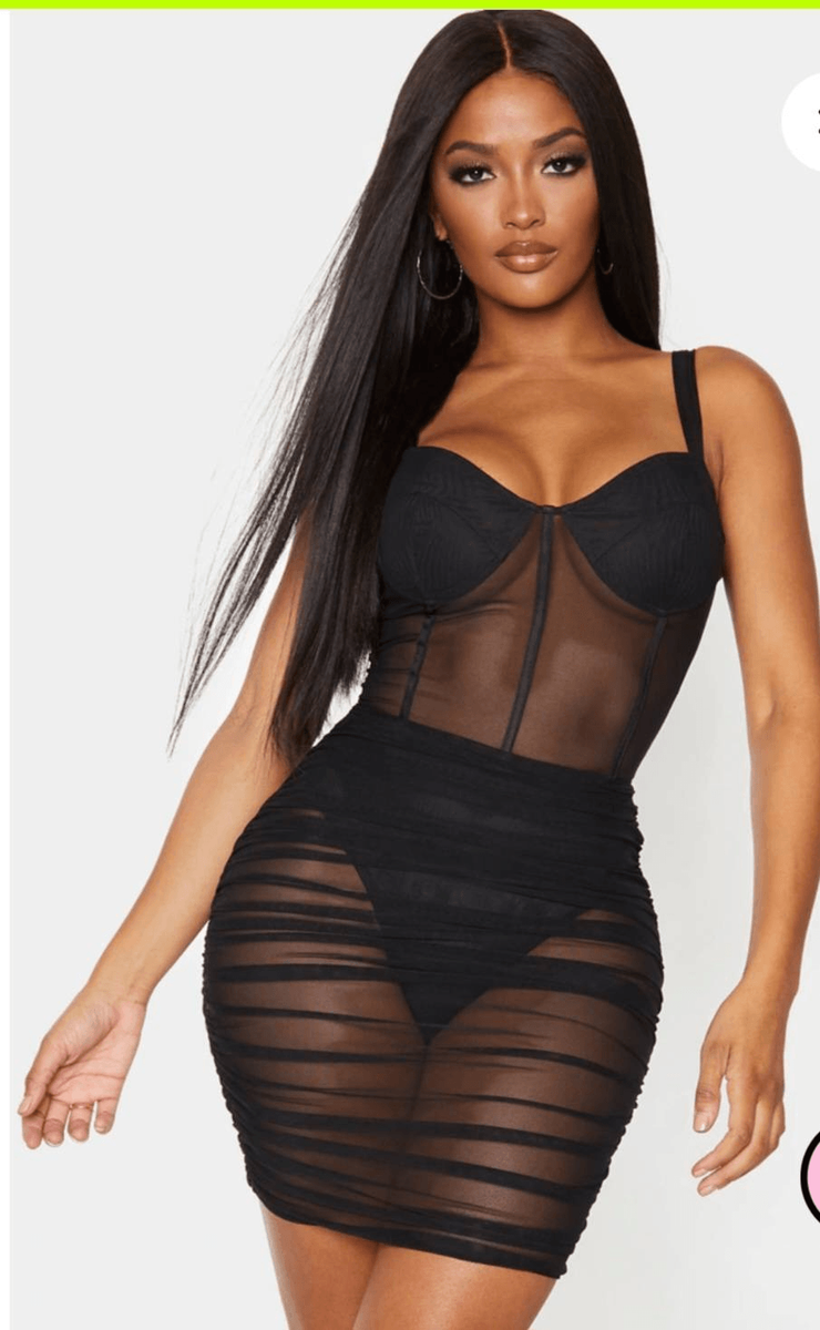 black see through bodycon dress Pretty Little Thing Shape Mesh Binding Cup Detail Dress, NWT, Sz Navy Blue Corsage Wrist Raw hems throughout add Chinese elements Dimension:M/38