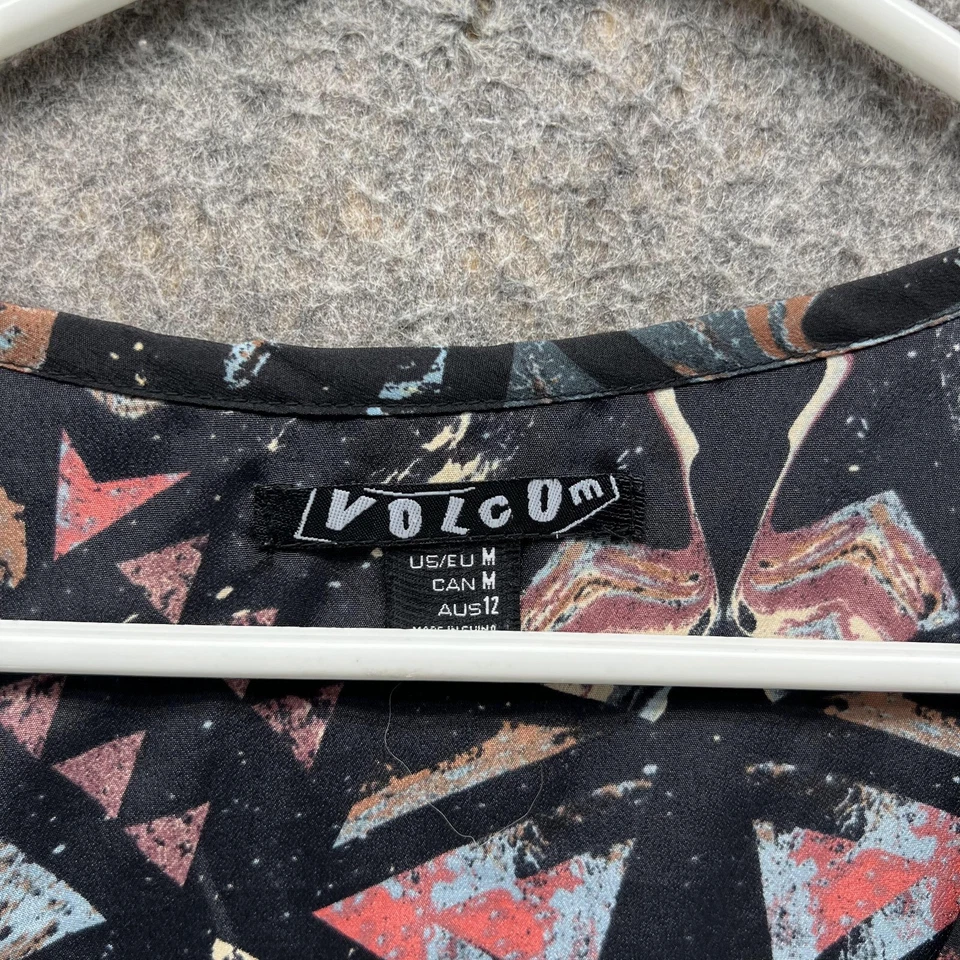 Volcom Shirt Women Medium Black Pink V Neck Casual Geometric Blouse Tunic Top - Image 2 of 4