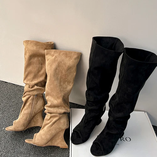 Women's Faux Suede Peep Toe Wedge Stretched Chic Slouchy Boots Sandal Shoes - Imagen 10 de 17