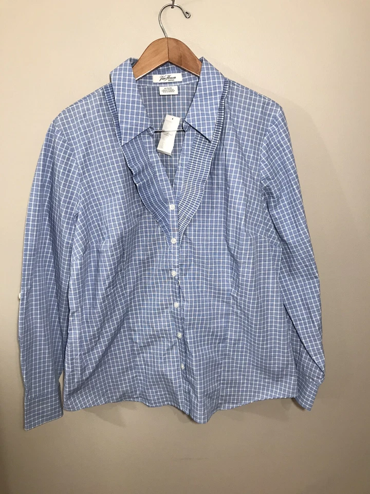 Blusa Top Van Heusen Botones Para Mujer Talla XL Manga con Pestaña Enrollable Azul A Cuadros Nueva con Etiquetas Foto 2 de 4