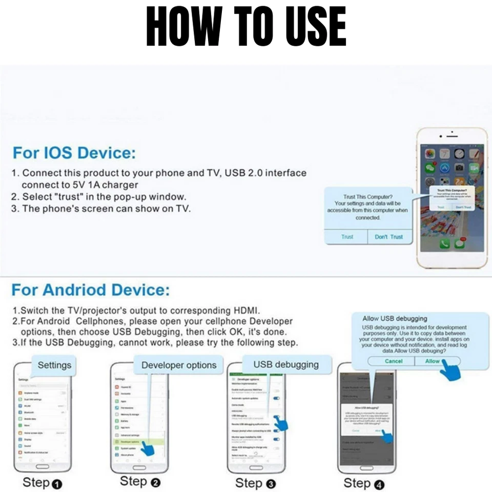 1080P HDMI Mirroring Cable Phone to TV HDTV Adapter For iPhone 14 8 iPad Android - Image 3 of 4