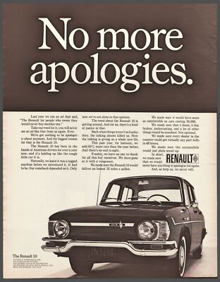 1968 Renault 10 Sedan Classic Car Vintage Print Ad No More Apologies Wall Art