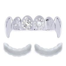 Silver Plated Iced Bling CZ Top Teeth Vampire Fangs Grillz 1 Extra Mold L021 S