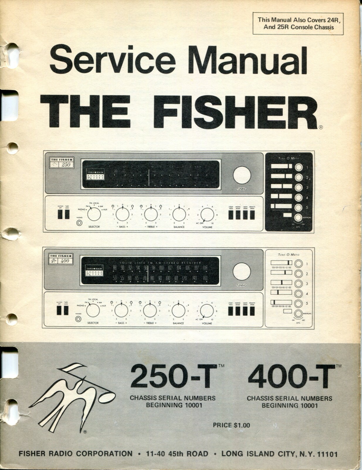 Vintage Fisher Model 250-T/400-T Console Service Manual (Beg serial #10001)