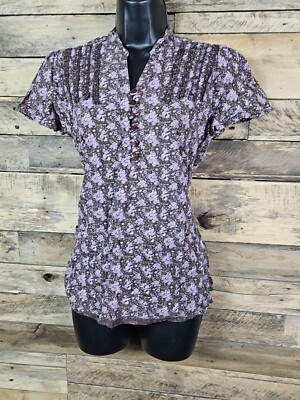 Healing Hands Scrub Top Small Purple Brown Floral Print Chest 35