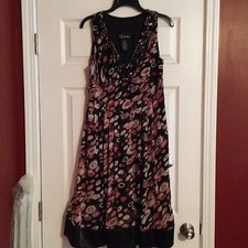 *S.L. FASHIONS BLACK/PINK/FUCHSIA/GRAY PRINT BEADED V-NECK DRESS SZ 10 #450