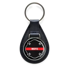 Thin Red Line Wife Firefighter Cross Black Leather Keychain Silver Keyring