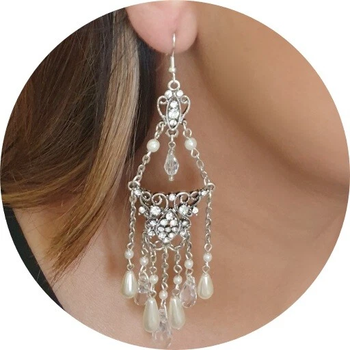 Elegant Silver Scroll, Sparkling Swarovski Crystal Long Chandelier Deco Earrings - Image 4 of 4