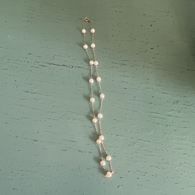 JCM Yellow Gold Plated Cable Chain Station Necklace w/ White Round Pearls