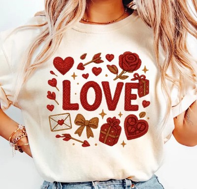Love Valentine Rope Yarn Embroidery Comfort Tee Folk Art Knitted Look Shirt