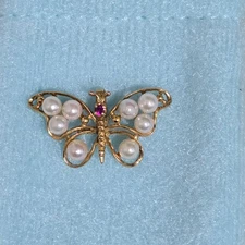 VTG Solid 14K Yellow Gold BUTTERFLY Pendant Akoya Pearl 3mm & Ruby 585 