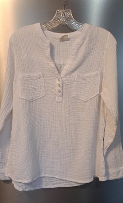 Ladies Mote V-Neck Tunic Top White Henley Pockets Bohemian Gauzey Cotten LRG