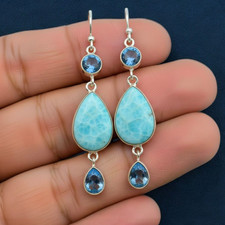 Larimar Blue Topaz Dangle Drop Earrings 925 Sterling Silver Handmade Jewelry