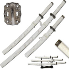 Lot de 3 épées samouraï dragon blanc - dragon sculpté sur fourreau - présentoir