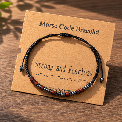Natural Hematite Wood Beads Morse Code Bracelet Healing Gemstone Jewelry Gift