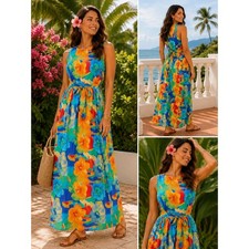 Vintage Multicolor Floral Maxi Dress Tropical Floral Beach Vacation Resortwear