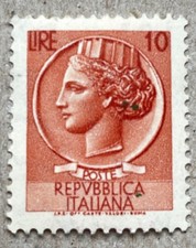 Francobollo Siracusana 10 Lire Nuovo con Difetto. Rarissimo.