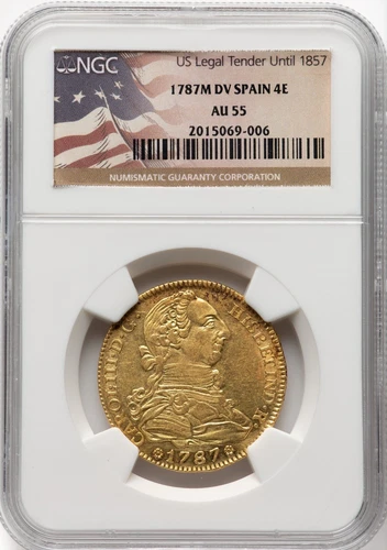 Spain - 1787 M-DV Carlos III 4 Escudos - NGC AU55 - STUNNING ORANGE COLOR - RARE