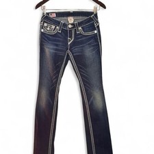 Vintage Y2K True Religion low-rise bootcut jeans with white stitching, size 25