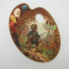 Victorian Trade Card Artist Palette Die Cut Boy Hunting Rifle Gun Birds Antique