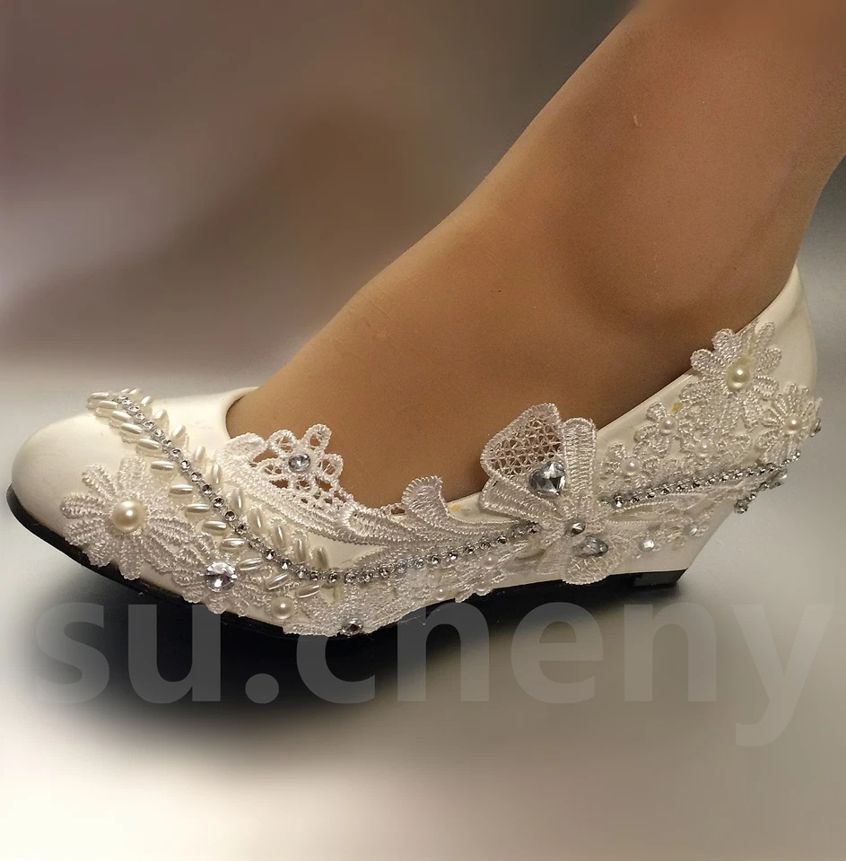su.cheny 2” wedges Lace white ivory bow pearls rhinestone Wedding Bridal shoes - Image 4 of 4