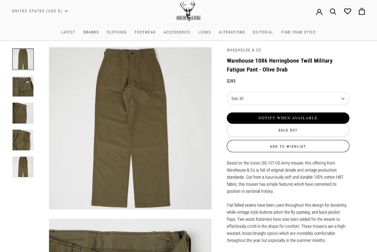 Warehouse Herringbone Fatigue Pants Size 34 | eBay