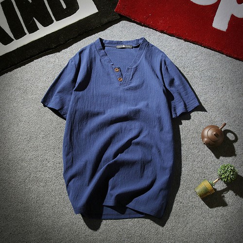 Men Henley Neck Plain Loose T-Shirt Short Sleeve Casual Summer Grandad Shirts ✔ - Picture 7 of 19