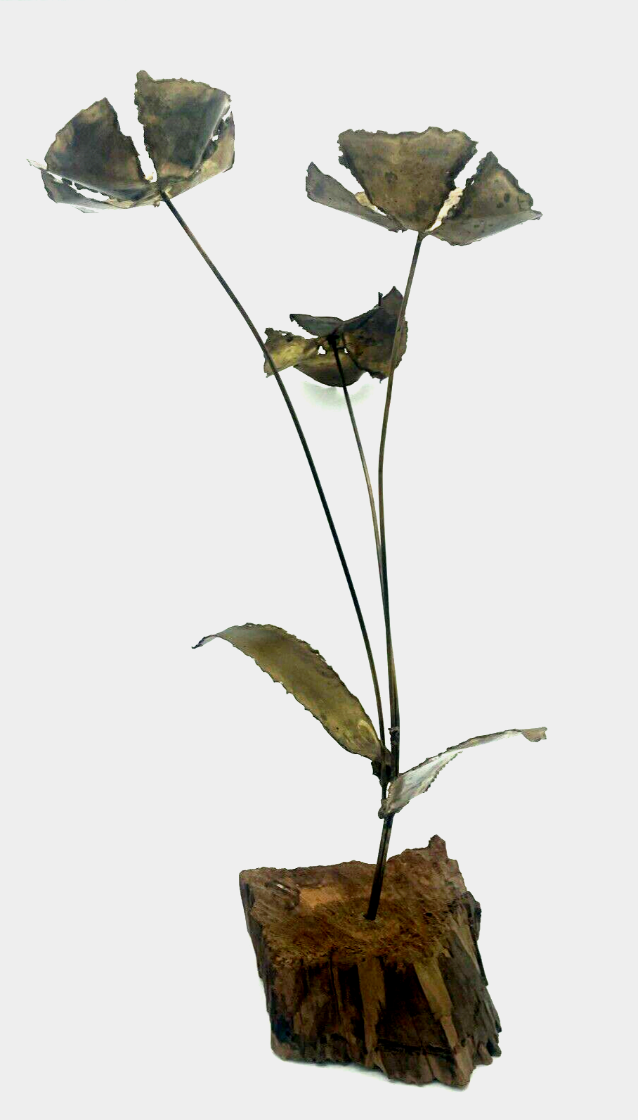 Brass brutalist torch cut metal floral sculpture on wood base