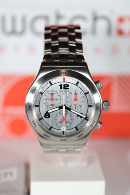 New Swiss Swatch Irony SILVER AGAIN Chronograph Date Steel Watch