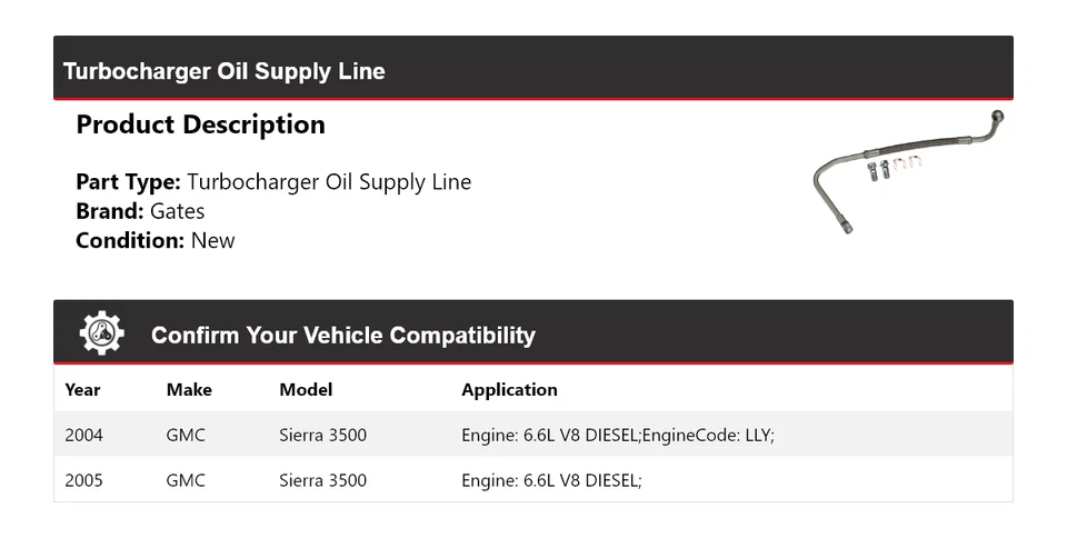 Portões de linha de fornecimento de óleo turbocompressor diesel 6.6L V8 GMC Sierra 3500 2004-2005 - Imagem 2 de 3