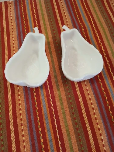 Vintage 1950's HAZEL ATLAS Pear Shaped Dish White MILK GLASS with Fruit Designs