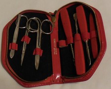 7 Piece Manicure Set Red handles Leather Case made in Australia Zipper