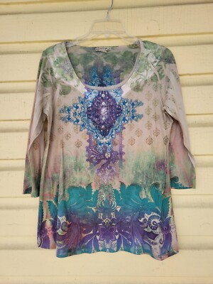 Vintage Energie Multicolor  Boho Hippie Top Blouse Large 3/4 Sleeve Pullover 