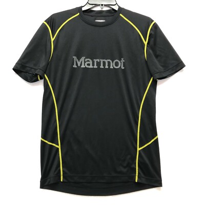 Marmot Activewear Short Sleeve Shirt Men's Size S - Black Yellow Spellout Logo