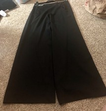 Jean Paul Gaultier Femme Vintage Wide Leg Wool Pants Leather Trim Sz 8 Perfect 