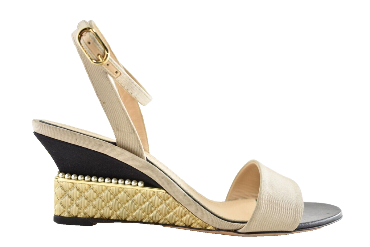 Chanel 17P Beige Grosgrain Pearl CC Logo Ankle Strap Sandals Wedge