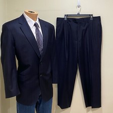 Jos A Bank Signature Gold Suit 44R Navy Stripe Stitch Lapel 2B Wool Pants 39x29